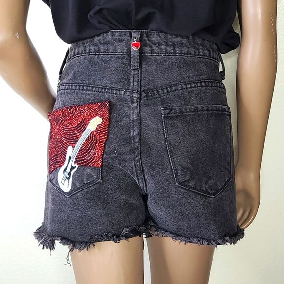 Shorts Size Small Black Denim Gray Red Embellished Upcycled Unique Handmade Fun - Picture 2 of 11